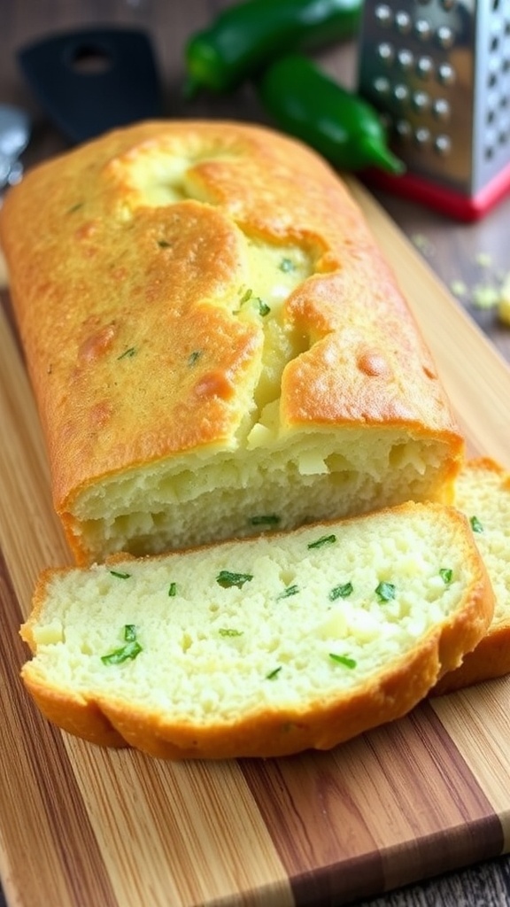 Jalapeño Cheddar Bread in a Dutch Oven A golden loaf of jalapeño cheddar bread on a cutting board, with slices showing the cheesy interior, surrounded by fresh jalapeños.